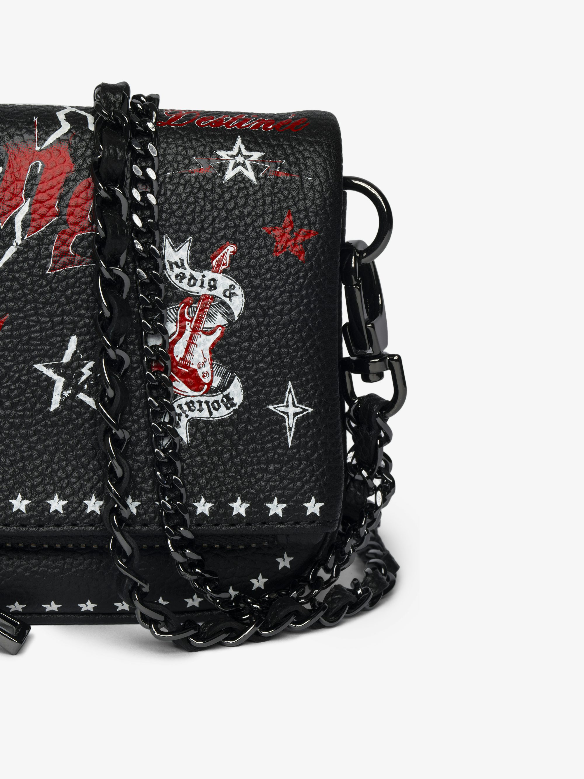 Rock Nano Punk Clutch - Punk grained leather clutch with double leather and metal chains and rhinestone-embellished wings.